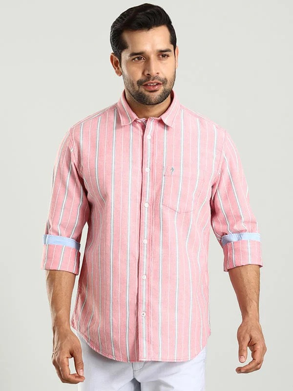 Indian Terrain Men's Regular Fit Full Sleeve Striped Pink Shirt